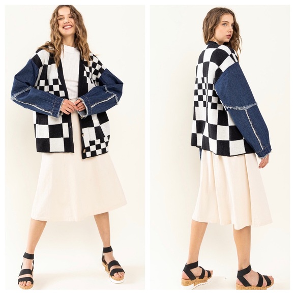 Checkerboard & Denim Button Up Cardigan - Picture 1 of 5
